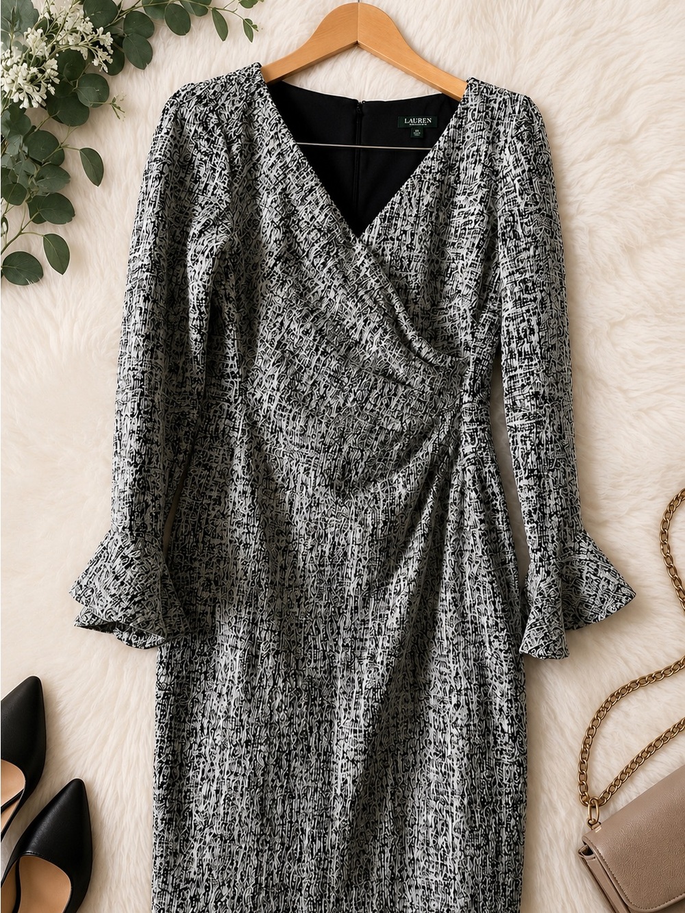 Ralph Lauren Black and White Textured Faux-Wrap Long Sleeve Dress